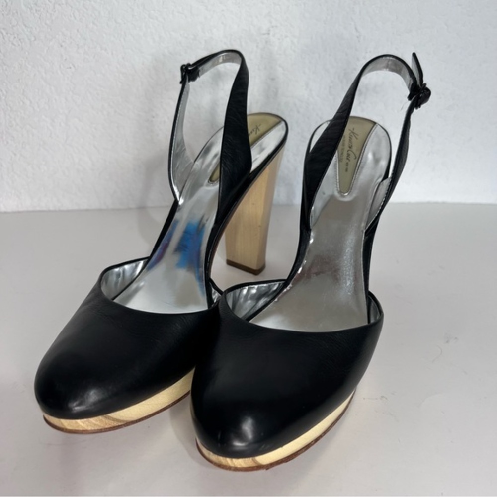 Kenneth Cole City Girl Black & Silver Leather Wood Heel Shoes Sandals 10